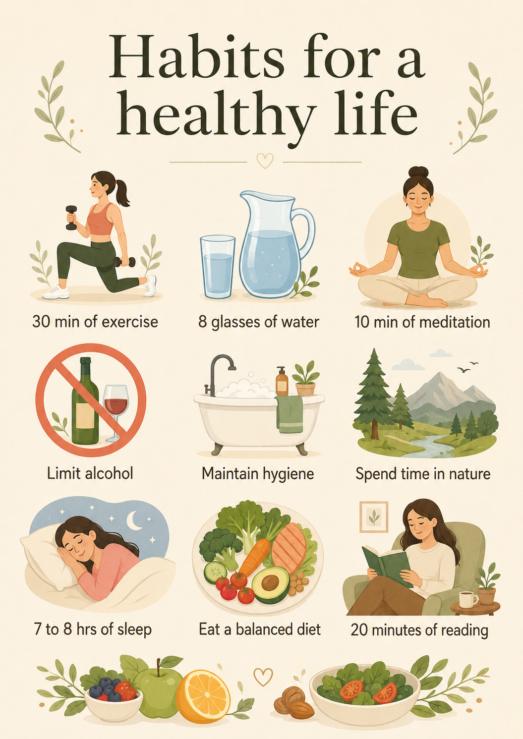 An illustrated guide to simple habits for a healthy life, including movement, water, rest, balanced meals, nature, and reading