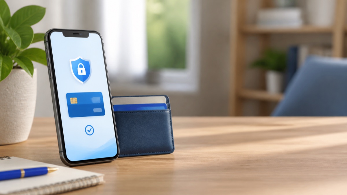 A smartphone showing a secure online payment screen beside a card holder